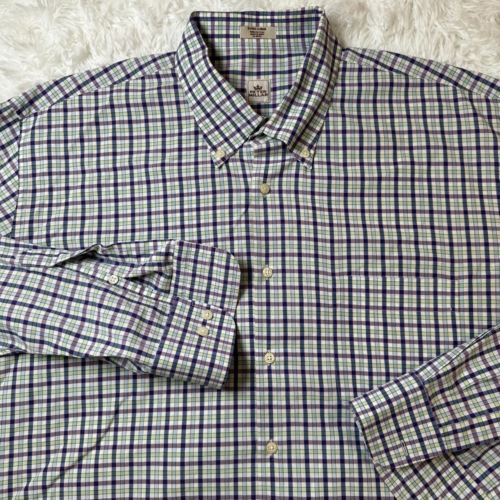 Peter Millar Mens XL Plaid Button Down Dress Shirt Blue Green Purple 100% Cotton